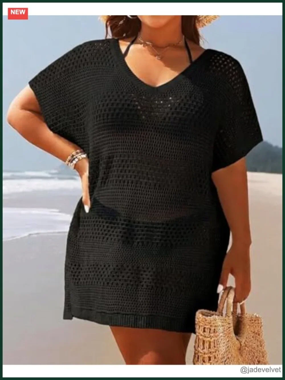 Plus Size Crochet Swim Cover Up V-Neck Short Sleeve Beach Dress